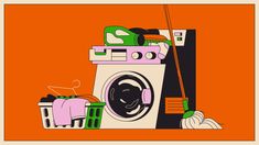 an illustration of a washing machine with clothes on the front, and cleaning supplies next to it