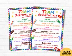 two printable survival kit for kids with the text team survival kits on it and colorful stripes