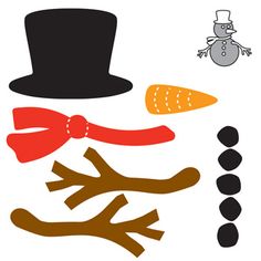 a snowman with a top hat and carrots on it's nose, surrounded by other items