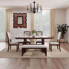 a dinning room table with chairs and a bench in front of a large window