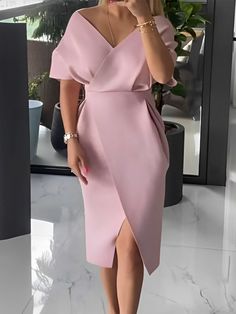 An exclusive offer for you——Affordable prices at Stylewe store, SPU: 1EDR3UCB14, Color: Pink, Neckline:Cross Neck, Activity:Wedding. Boatneck Dress Classy, Feminine Dresses For Weddings, Feminine Solid Color Wedding Dress, Feminine Solid Color Dress For Wedding, Feminine Wedding Dress In Solid Color, Midi Gown, Midi Gowns, Elegant Dresses Short, Elegant Dresses Classy