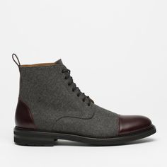 The Jack Boot in Grey/Oxblood Goodyear Welted Lace-up Boots For Business In Winter, Business Lace-up Boots With Goodyear Welt For Winter, Winter Business Lace-up Boots With Goodyear Welt, Fall High-top Boots With Rubber Toe Cap, Business Lace-up Boots With Cap Toe For Winter, Winter Leather Sole Ankle Work Boots, Fall Lace-up Boots With Rubber Sole For Derby, Formal Winter Lace-up Boots With Plain Toe, Formal Plain Toe Lace-up Boots For Winter