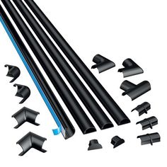 an assortment of black and blue plastic parts