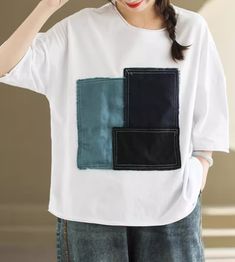 Type: Casual Wear Item type: T- shirt Sleeve length: Three- quarter sleeves Collar type: Round neck Material: 100% cotton Season: Summer Color: Red, White & Brown One Size Bust: 124 cm/ 48.82 " Length: 65 cm/ 25.59 " White Patchwork T-shirt With Relaxed Fit, Casual Cotton Patchwork T-shirt, Casual Patchwork Shirt With Crew Neck, Casual Crew Neck Shirt With Patchwork, Casual Patchwork Short Sleeve Tops, Casual Short Sleeve Patchwork Tops, Crew Neck Cotton T-shirt With Patchwork, White Patchwork Crew Neck Blouse, White Crew Neck Blouse With Patchwork