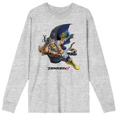 Elevate your style with this adult athletic heather Tekken 8 crew neck long sleeve shirt, featuring a dynamic image of King II in action above the iconic series logo. The custom design adds an element of excitement to your wardrobe, making it a perfect choice for fans of the legendary fighting game. Crafted from a comfortable blend of cotton and polyester, this officially licensed tee guarantees both quality and authenticity. Experience the versatility of long sleeves, providing both warmth and a stylish edge for your casual outfits. Keep the striking design intact by machine washing it on cold with like colors and tumble drying on low heat. Character Print Long Sleeve Sweatshirt For Fans, Sporty Long Sleeve Tops With Character Print, Long Sleeve Character Print T-shirt For Streetwear, Long Sleeve T-shirt With Character Print For Streetwear, Heather Grey Long Sleeve T-shirt For Streetwear, Long Sleeve T-shirt With Sublimation Print, Gray Long Sleeve Fan Apparel Top, Long Sleeve Character Print Fan Apparel Top, Long Sleeve Fan Apparel Top With Character Print