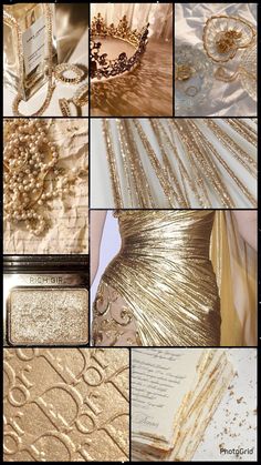 gold and white collage with many different things in it's image, including the dress