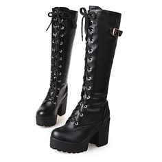 Category:Cosplay Boots; Upper Materials:Leatherette; Lining Materials:Fleece; Embellishment:Lace-up; Available Width:Average; Season:Winter,Fall; Heel Type:Block Heel,Platform,Chunky Heel; Actual Heel Height:3.74; Gender:Women's; Size Suggestion:select one size larger than usual; Platform Height:1.38; Type:Knee High Boots; Style:Punk  Gothic,Slouch Boots; Heel Height(inch):2-3; Boot Shaft:Knee High Boots; Outsole Materials:TR; Occasion:Dress; Closure Type:Zipper; Pattern:Solid Colored; Shipping Gothic Faux Leather Lace-up Combat Boots, Gothic Lace-up Platform Boots For Cosplay, Gothic Lace-up Knee-high Boots For Fall, Gothic Lace-up Boots For Fall Party, Punk Style Faux Leather Knee-high Boots With Round Toe, Black Lace-up Boots For Cosplay, Gothic Black Knee-high Boots For Fall, Gothic Leather Lace-up Knee-high Boots, Gothic Black High Heel Martin Boots