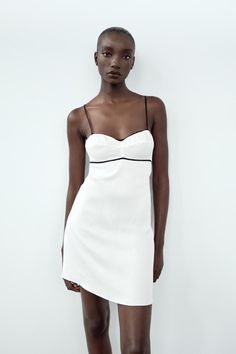 SATIN SLIP DRESS - White | ZARA United States Chic V-neck Mini Dress With Delicate Straps, Spring Mini Dress With Lace Trim And Straight Neckline, Elegant Mini Dress With Lace Trim And Spaghetti Straps, Elegant Party Suspender Dress With Lace Trim, Elegant Mini Suspender Dress With Tie Back, Chic Mini Dress With Sweetheart Neckline And Tie Back, Elegant Mini Length Suspender Dress With Tie Back, Chic Mini Dress With Adjustable Straps For Brunch, Elegant Mini Dress With Adjustable Straps