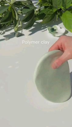 a hand is touching the edge of a white bowl with green leaves in the background