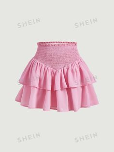 SHEIN MOD SHEIN MOD Women's Double Layer Ruffle Asymmetric Hem Shirred Waist Mini Skirt | SHEIN USA Adrette Outfits, Preppy Skirt, Smocked Skirt, Looks Party, Cute Preppy Outfits, Spring Outfits Women, Hem Skirt, Pink Skirt, Cute Skirts