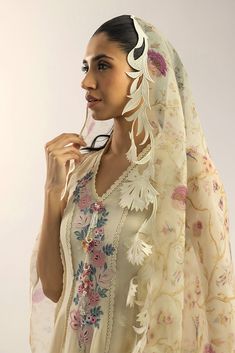 White Bohemian Anarkali Set With Floral Embroidery, Designer Cotton Silk Cream Dupatta, Designer Cream Cotton Silk Dupatta, Bohemian Cream Sets With Dupatta, Bohemian Cream Set With Dupatta, White Cotton Silk Salwar Kameez For Spring, Wedding Cotton Silk Anarkali Set With Floral Embroidery, Wedding Floral Print Cotton Silk Sets, Chikankari Embroidery Dupatta In Tissue Silk