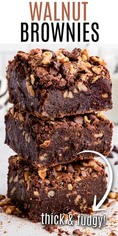 Stack of three thick and fudge walnut brownies. Fudge Nut Brownies, Chocolate Brownies With Nuts Recipe, Nut Brownies Recipe, Brownie Recipes Walnut, Brownies With Almonds, Best Walnut Brownie Recipe, Rich Fudgy Brownies, Fudgy Walnut Brownies, Homemade Walnut Brownies