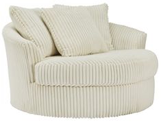 a large white chair with two pillows on it's back and one arm in the middle