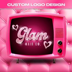 a pink television with the words glam hair co on it's screen and hearts