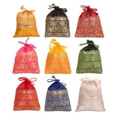 six bags with different colors and designs on them