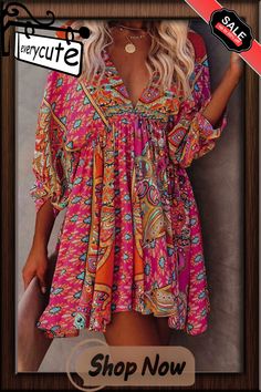 Multicolour V Neck 3/4 Sleeve Bohemian Vintage Print Mini Dress Multicolor Half Sleeve Dresses For The Beach, Multicolor Bohemian Boho Dress For Fall, Multicolor Half Sleeve Summer Dresses, Multicolor Half Sleeve Dresses, Bohemian Long Sleeve Multicolor Print Dress, Multicolor Printed Half Sleeve Dress, Bohemian Half Sleeve Dresses For Vacation, Spring Bohemian Colorful Pattern Dresses, Flowy Multicolor Boho Print Dress