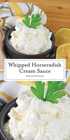 whipped horseradish cream sauce in a bowl with lemons and parsley on the side