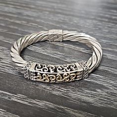 Beatiful Scroll Design With Gold On The Top. Approx 3 X 2.5 Scroll Design, On The Top, Hinged Bangle, Silver Bracelets, Bangle Bracelet, Sterling Silver Bracelets, Womens Jewelry Bracelets, Bangle Bracelets, Silver Gold