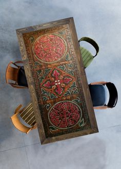 an overhead view of a table and chairs