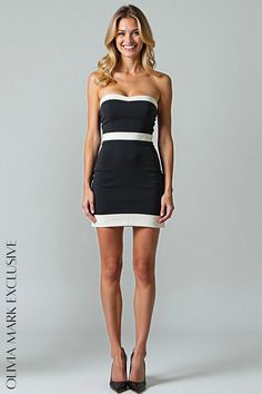 Olivia Mark - Chic Contrast Strapless Mini Dress Elegant Strapless Mini Dress With Contrast Sequin, Black And White Strapless Dress, Elegant Sleeveless Black And White Mini Dress, Strapless Summer Mini Dress With Built-in Bra, White Strapless Mini Dress With Built-in Bra, Strapless Mini Dress, White Trim, Mini Black Dress, Bodice