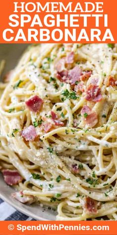 a plate full of spaghetti with bacon and parmesan cheese on top, text overlay reads homemade spaghetti carbonara