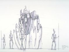 this is a drawing of some people standing in front of a large structure with many arms and legs