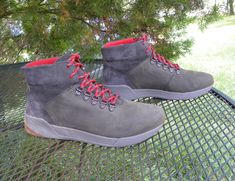 For Sale : preowned Vintage Timberland Gray suede leather lace up Sneaker-Boots in womens size 10. Traveling/Trekking/Rucking/Hiking Boots. Timberland doesn't make these boots anymore  they  5" Lace up Uppers Almond toes comfort inserts Red variegated laces Padded collars Handsome Suede leather Red fabric lining Waterproof Condition: In VERY Good condition. LESS than Average wear on these Boots.  Interior clean. bottom soles look great.  Measurement Outside> Length heel to toe: 11.75" Width (across ball of foot): 3.75"  Heel Height: flat Shaft height: 5" FYI        You must measure your feet if you intend to buy footwear online that fits you. You can also measure a pair of your own boots but you have to match the toes/heels of the ones you intend to purchase. I cannot do this for You and I Suede Lace-up Work Boots For Hiking, Sporty Lace-up Waterproof Boots For Fall, Rugged Suede Lace-up Waterproof Boots, Rugged Suede Waterproof Lace-up Boots, Rugged Lace-up Suede Waterproof Boots, Casual Lace-up Work Boots For Hiking, Waterproof Suede Lace-up Hiking Boots, Weatherproof Fall Lace-up Sneakers, Fall Sneakers With Reinforced Toe Lace-up