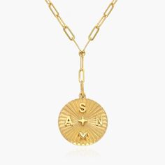 Gold Compass Necklace, Letters Symbols, Engraved Compass, Cuban Link Chain Necklaces, Compass Necklace, Stylish Necklace, Anniversary Jewelry, Mom Jewelry, Medallion Necklace