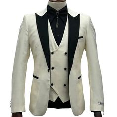 This Ivory Tuxedo - Cream Wedding Suit Is Perfect For Groom And Groomsmen Center Vent Slim Fit Suit 1 Button Shawl Lapel Double Breast Vest. Elegant White Slim Fit Three-piece Suit, White Slim Fit Elegant Three-piece Suit, White Slim Fit Three-piece Suit For Formal Occasions, White Three-piece Wedding Suit, White Slim Fit Suit For Groom, White Three-piece Suit With Notch Lapel For Party, White Fitted Double Breasted Suit With Notch Lapel, White Slim Fit Tuxedo Suit, White Fitted Double Breasted Business Suit