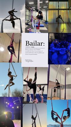 multiple images of people doing aerial acrobatics in various poses and positions, with the caption'bailar'above them