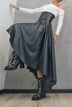 "New Collection Eco Leather Skirt, High Waist Black Skirt, Asymmetric Skirt, Extravagant Woman Skirt, Short Long Skirt, Wedding Skirt ❤️ Extravagant designs and high quality fabrics! You can wear it like a skirt, dress and tunic On the inside there are links to find and customize in your own way ❤️ Materials & Care  Eco Leather Hand wash at low temperatures. Do not machine dry. Do not iron. Do not dry clean! ❤️ Sizing We can make your piece from XS to 5XL! Everything in the shop can be also made Leather Skirt Long, Clothes Alt, Woman Skirt, Skirt Aesthetic, Steampunk Skirt, Asymmetric Skirt, Wedding Skirt, Asymmetrical Blouse, Skirt High Waist