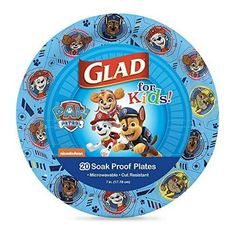 a blue plate with paw patrol characters on the front and back of it that says glad for kids