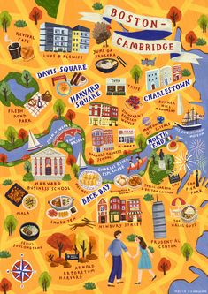 an illustrated map of boston and the surrounding area