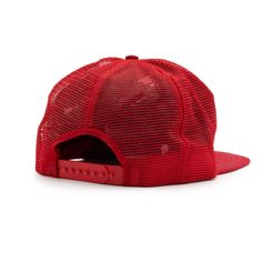 the red trucker hat is on display against a white background, it's made out of mesh