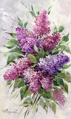 a painting of purple and white flowers in a vase