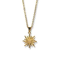 Material: 18K Gold Filled & CZ Diamonds Hypoallergenic Non-Tarnish Pendant Size: 1.9cm x 2.6cm Gold Necklace With Sun Design Round Pendant, Gold Sun Design Round Pendant Necklace, Trendy Gold Plated Round Necklace, Metal Sun Design Necklace As Gift, 14k Gold Necklaces With Sun Design, Gold Dainty Sun Design Charm Necklace, Gold Sun Design Pendant Jewelry, Dainty Gold Charm Necklace With Sun Design, Dainty Gold Plated Nickel-free Necklace