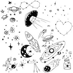 the space coloring page is full of stars, planets and other things that are flying around