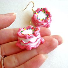 These earrings are bold, girly, and so fun! Whether it's actually your birthday or not, these earrings make everyday feel like a party. These earrings were designed and handmade by me, the main focus is the large birthday cake pendants with all the fun and kitschy details of those classic birthday cakes we all remember as kids: vanilla cake with lots of piped pink icing, lacy hot pink icing piped along the center and topped with bright rainbow sprinkles. The cakes hang below your choice of surgi Hot Pink Icing, Large Birthday Cake, Pinup Jewelry, Rockabilly Earrings, Cake Earrings, Pink Birthday Cake, Classic Birthday, Pink Birthday Cakes, Pink Icing