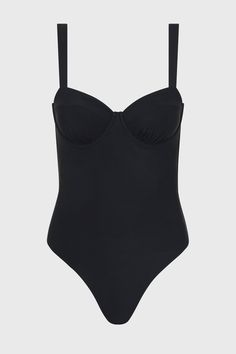 A modern classic, the Loures balconette one piece in black is cut from our luxury, Italian Sculpteur® fabric with patented 3-D stretch technology that flatters the silhouette. Loures features comfortable, wide, adjustable shoulder straps, an underwire for bust support and flattering gathers at mid bust. Ideal for those seeking tummy control, Loures is a classic swimsuit that will endure for years to come. Best suited to bust sizes B, C & D.Luxury fabric sustainably made in Italy. One-piece Bodysuit With Boning For Swimming, Luxury Black One-piece Swimwear, Black Second-skin Elastane Swimwear, Black Elastane Swimwear With Built-in Bra, Black One-piece Swimwear With Lined Body For Beach, Classic Swimsuit, Underwire One Piece, Resort Wear Dresses, Black One Piece Swimsuit