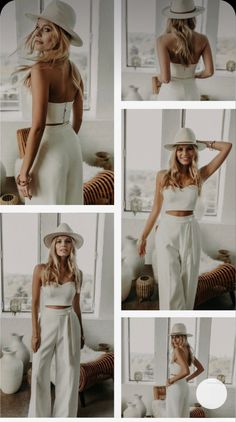 four photos of a woman in white clothing and hat posing for the camera with her hands on her hips