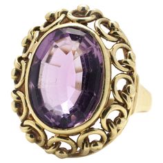 Vintage 14kt. yellow gold 6.30 carats amethyst ladies ring, set in bezel setting, featuring knot decorative motifs. Made in Circa 1970's Hallmarked with 585 mark ( A standard for 14 kt gold). Dimensions - Finger Size (UK) = O (US) = 7 1/2 (EU) =55 1/4 Size: 2.8 x 2 x 1.2 cm Weight: 8.00 grams Amethyst - Cut - Oval faceted Carat weight: 6.30 carats Treatment is not indicated. Condition: Pre-owned, has some wear from general usage, good condition overall. Knots were a popular decorative motif in 1 Ladies Ring, Bezel Setting, Cocktail Rings, Ring Set, Women Rings, Personal Style, Jewelry Rings, Amethyst, Yellow Gold