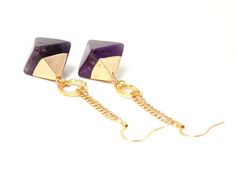 Amethyst Pendant Gold Dangle Statement Earrings Modern Purple Dangle Jewelry, Gold Amethyst Drop Earrings, Modern Dangle Jewelry With Gemstone Accents, Modern Amethyst Gemstone Earrings, Gold Plated Earrings With Gemstone Accents, Purple Brass Drop Earrings, Gold Amethyst Crystal Earrings With Gemstone, Gold Amethyst Gemstone Crystal Earrings, Gold Amethyst Crystal Earrings