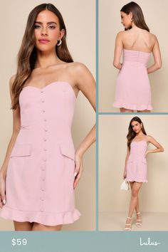 The Lulus Stylish Status Blush Pink Strapless Ruffled Mini Dress is sure to put you at the top of the best dressed list! Lightweight woven fabric shapes this too-cute dress that has a strapless bodice with a sweetheart neckline and hidden no-slip strips. Two faux flap pockets and a decorative covered button placket accents the figure-skimming, A-line silhouette that finishes at a ruffle-trimmed mini hem. Hidden back zipper/clasp. Fit: This garment fits true to size. Length: Mid-thigh. Size mediu Ruffled Mini Dress, Dress With Buttons, Best Dressed, Ruffle Trim, Button Placket, Sweetheart Neckline, Cute Dresses, Blush Pink, Woven Fabric