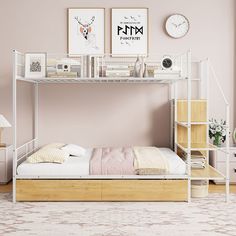 a white bunk bed sitting next to a pink wall