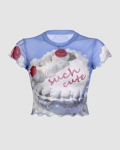 Details: Short-sleeve top with cake and cream graphical printTop Length: CroppedSleeve Length: Short SleevesMaterials:95% Polyester + 5% Spandex Crop Aesthetic, 90s Hip Hop Fashion, Outfit 90s, Mesh T Shirt, Print Crop Tops, Crop Top Blouse, Stage Outfits, Hip Hop Fashion, Fashion Summer