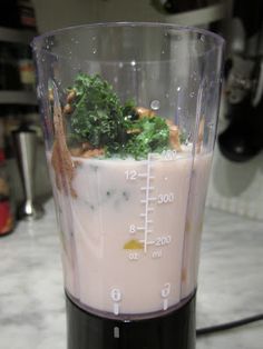 a blender filled with food on top of a counter