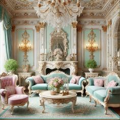 an ornate living room with blue and pink furniture