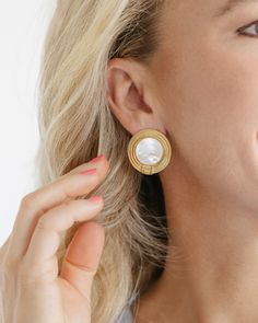 When in Rome, wear Susan Shaw! Using the Roma Coin mold but embellished with glistening Mother of Pearl, these studs are bold, gold, and timeless. We think all roads should lead to you having these earrings in your jewelry box. Gold Round Earrings With Mother Of Pearl, Gold Medallion Mother Of Pearl Jewelry, Yellow Gold Mother Of Pearl Round Jewelry, Classic Gold Mother Of Pearl Earrings, Yellow Gold Jewelry With Mother Of Pearl, Round Shape, Susan Shaw, Mixing Metals, Hand Painted Beads, Coin Set