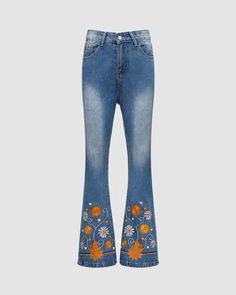 Mylo Flared Floral High Waisted Denim Jeans Embroidered Mid-rise Flare Jeans For Fall, Mid-rise Embroidered Flare Jeans For Fall, Spring High Waist Bohemian Jeans, Bohemian High Waist Jeans For Spring, Spring Bohemian High Waist Jeans, Embroidered Denim Flare Jeans For Fall, Bohemian Denim Blue Jeans For Spring, Fall Embroidered Denim Flare Jeans, Trendy Floral Print Cotton Jeans