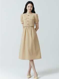 Composition : Shell: 74% cotton, 26% nylon lining: 100% polyesterColor : BEIGE_5(55),BEIGE_6(66),NAVY_5(55),NAVY_6(66)Country of Origin : China Beige Cotton Dresses With Pockets, Beige Cotton Midi Dress With Pockets, Classic Cotton Dress With Pockets, Classic Cotton Dresses With Pockets, Beige Cotton Dresses For Work, Beige Cotton Knee-length Midi Dress, Beige Knee-length Cotton Midi Dress, Office Wear, Fancy Dress